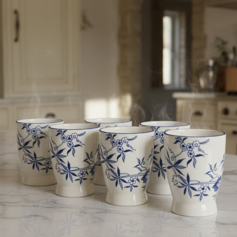 Blue Onion Hand-Painted Tea Cups Japan - Set of 6