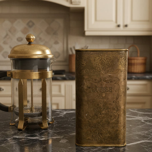 Vintage Brass Coffee Tin Etched Arabica Beans Kitchen Storage Canister