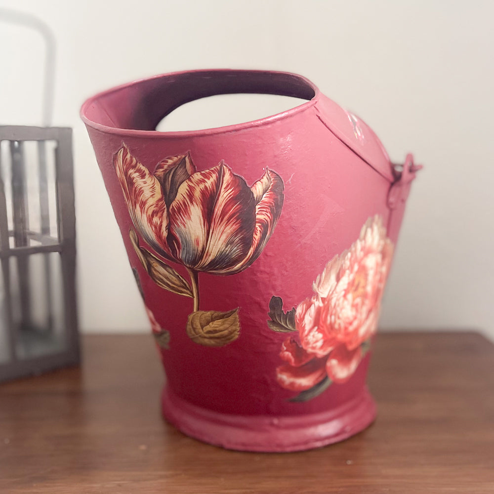 Vintage Coal Bucket - Red Floral