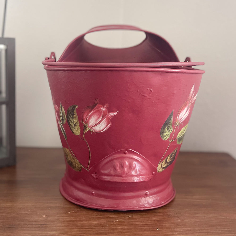 Vintage Coal Bucket - Red Floral