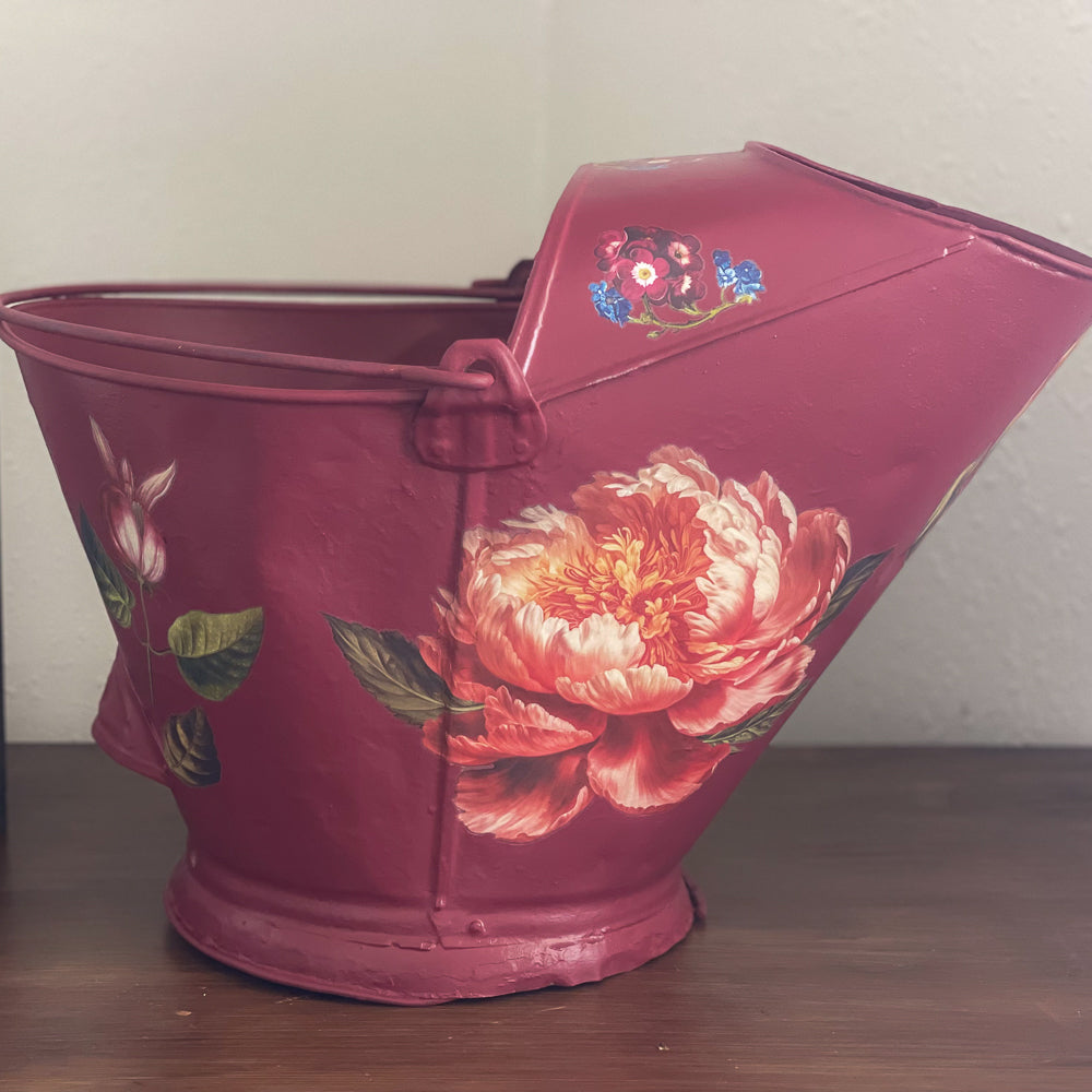 Vintage Coal Bucket - Red Floral