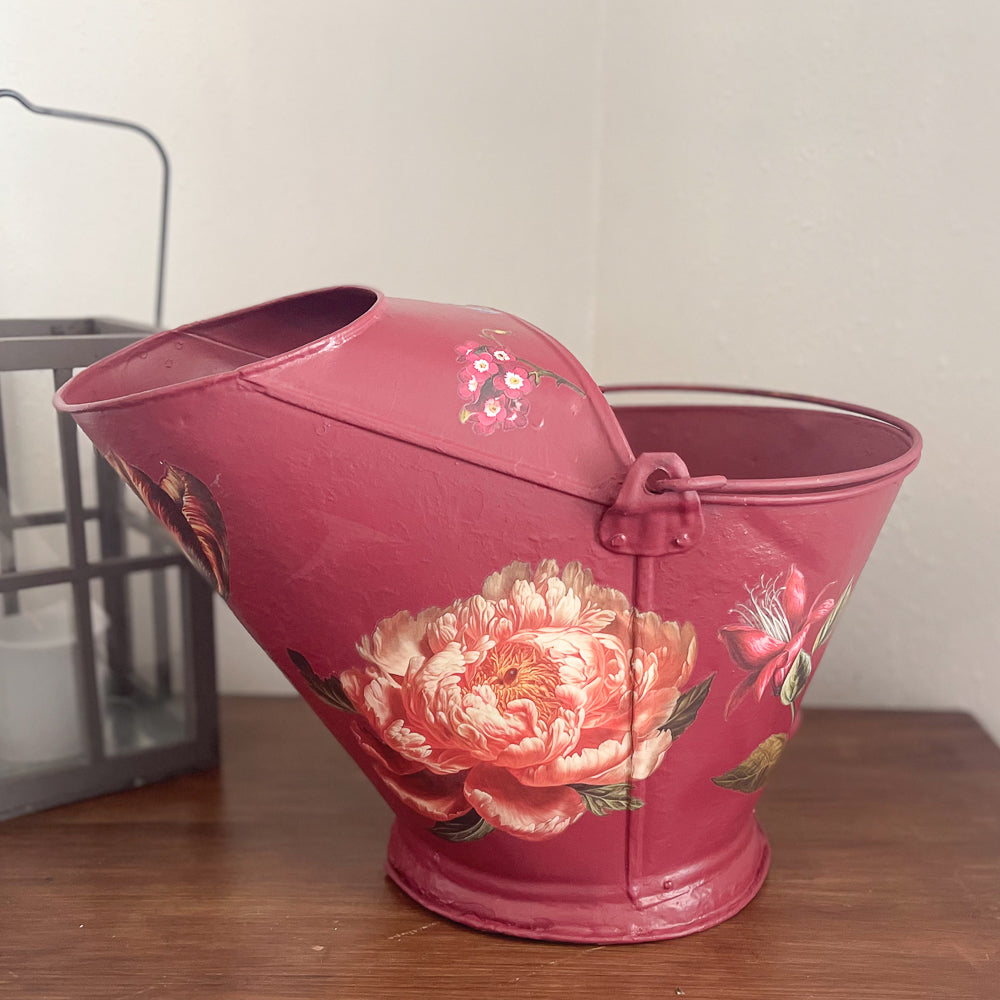 Vintage Coal Bucket - Red Floral