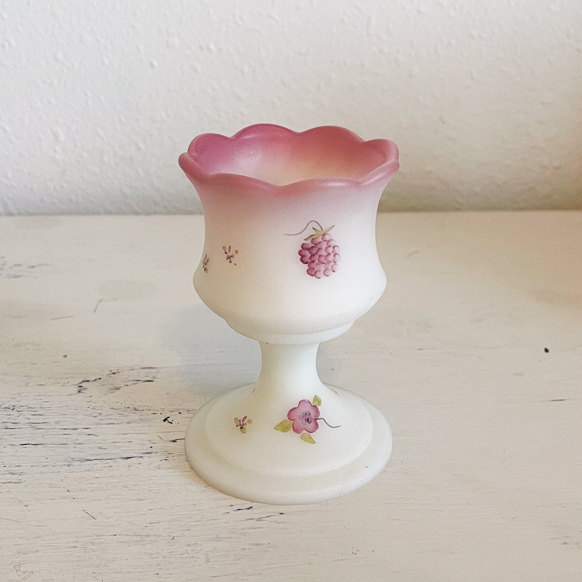 Fenton Berries & Blossoms White Satin Footed Votive Holder