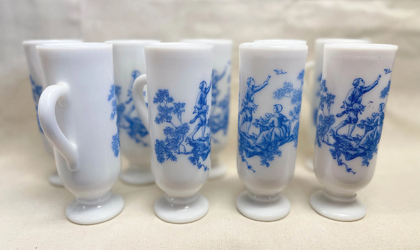 1960s Avon Milk Glass Demitasse Blue Toile Mug - Set of 6