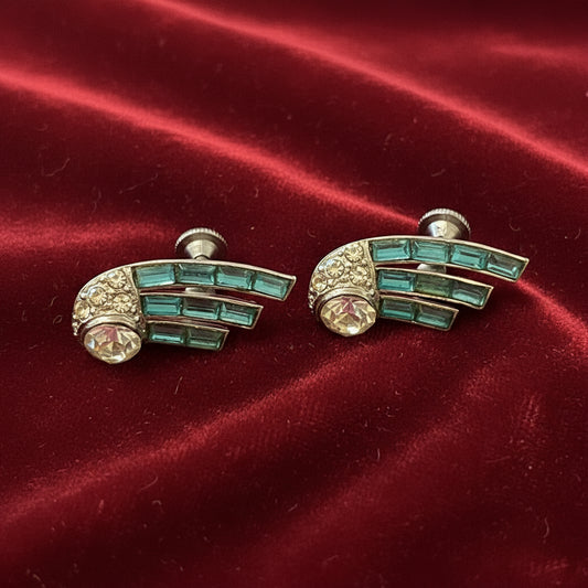 Vintage Nemo Blue & Clear Rhinestone Earrings