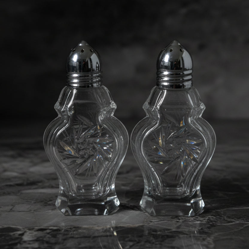 Vintage Pinwheel Cut Crystal Salt & Pepper Shaker Set | 3.5" Tall