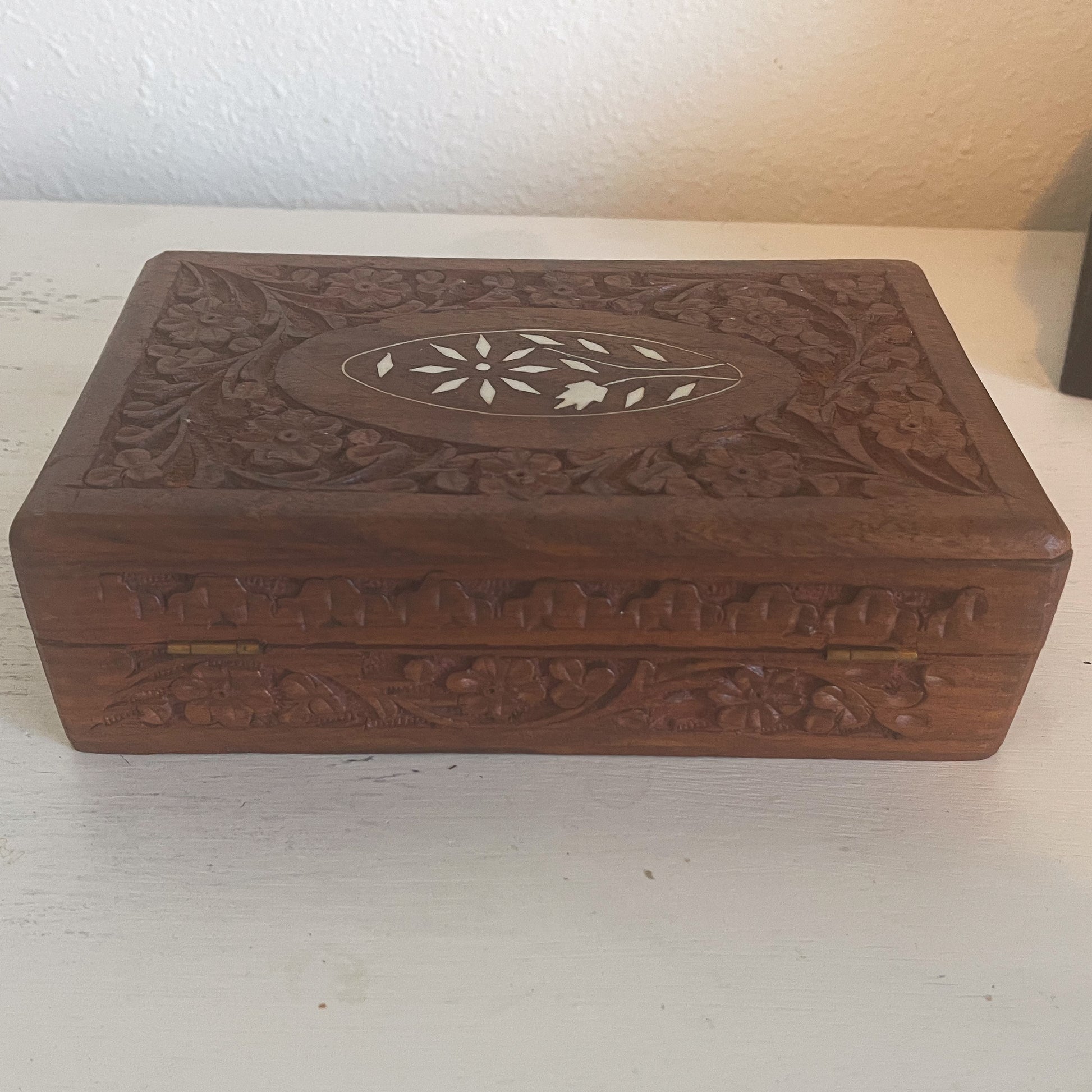 Carved Wood Stash Box with White Inlay - India