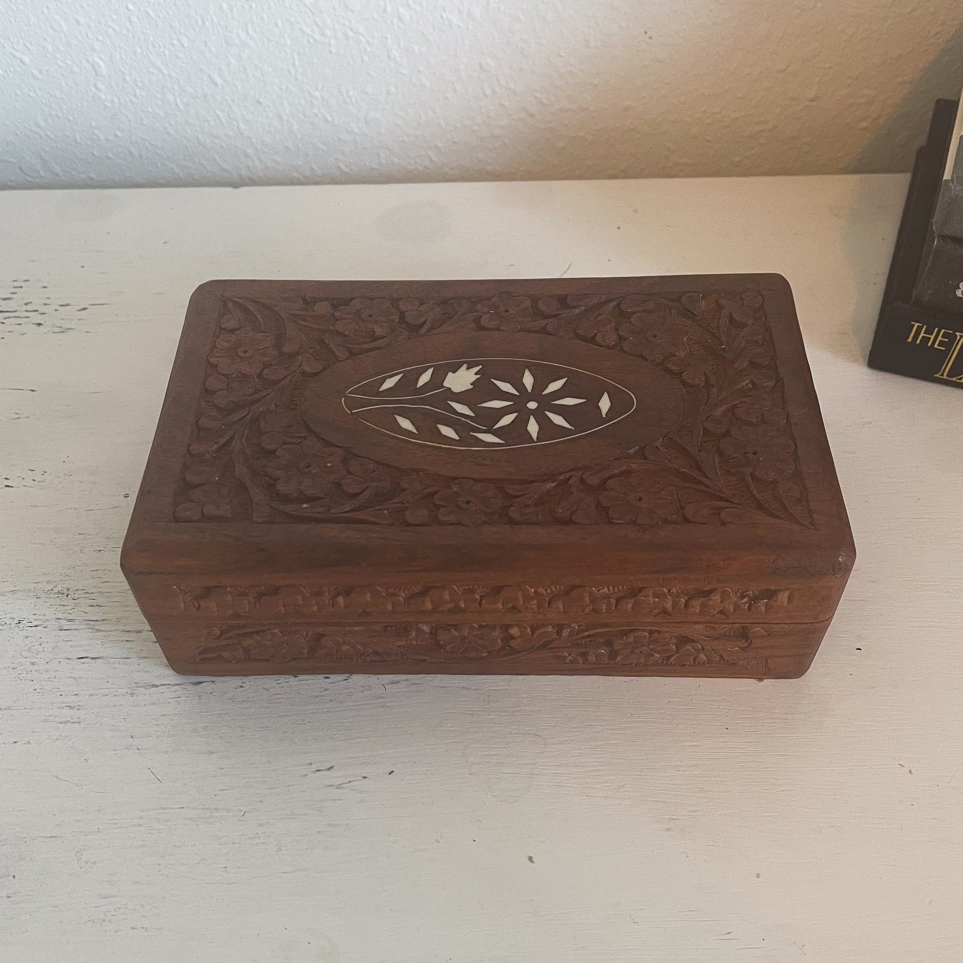 Carved Wood Stash Box with White Inlay - India