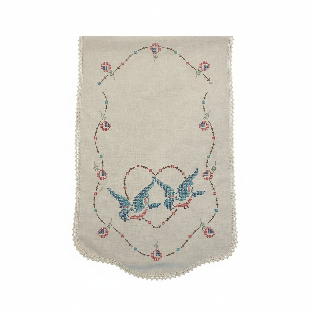 Vintage Hand-Embroidered Dresser Scarf | Bird & Floral Design