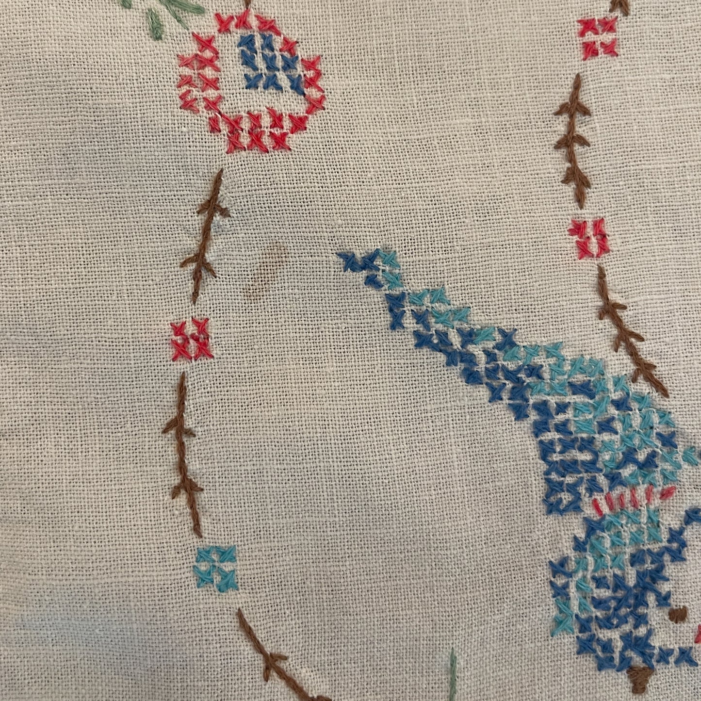 Vintage Hand-Embroidered Dresser Scarf | Bird & Floral Design