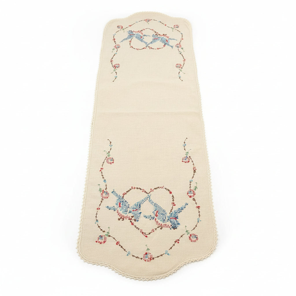 Vintage Hand-Embroidered Dresser Scarf | Bird & Floral Design