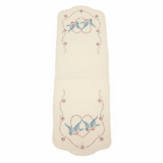 Vintage Hand-Embroidered Dresser Scarf | Bird & Floral Design