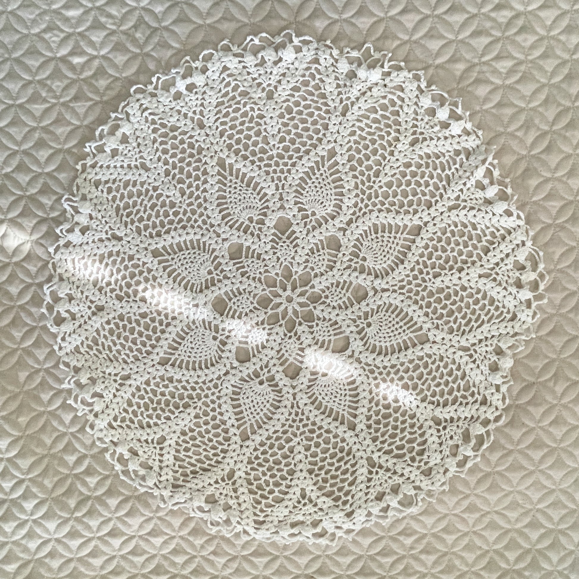 Hand Crochet White Round Doily - 1990s