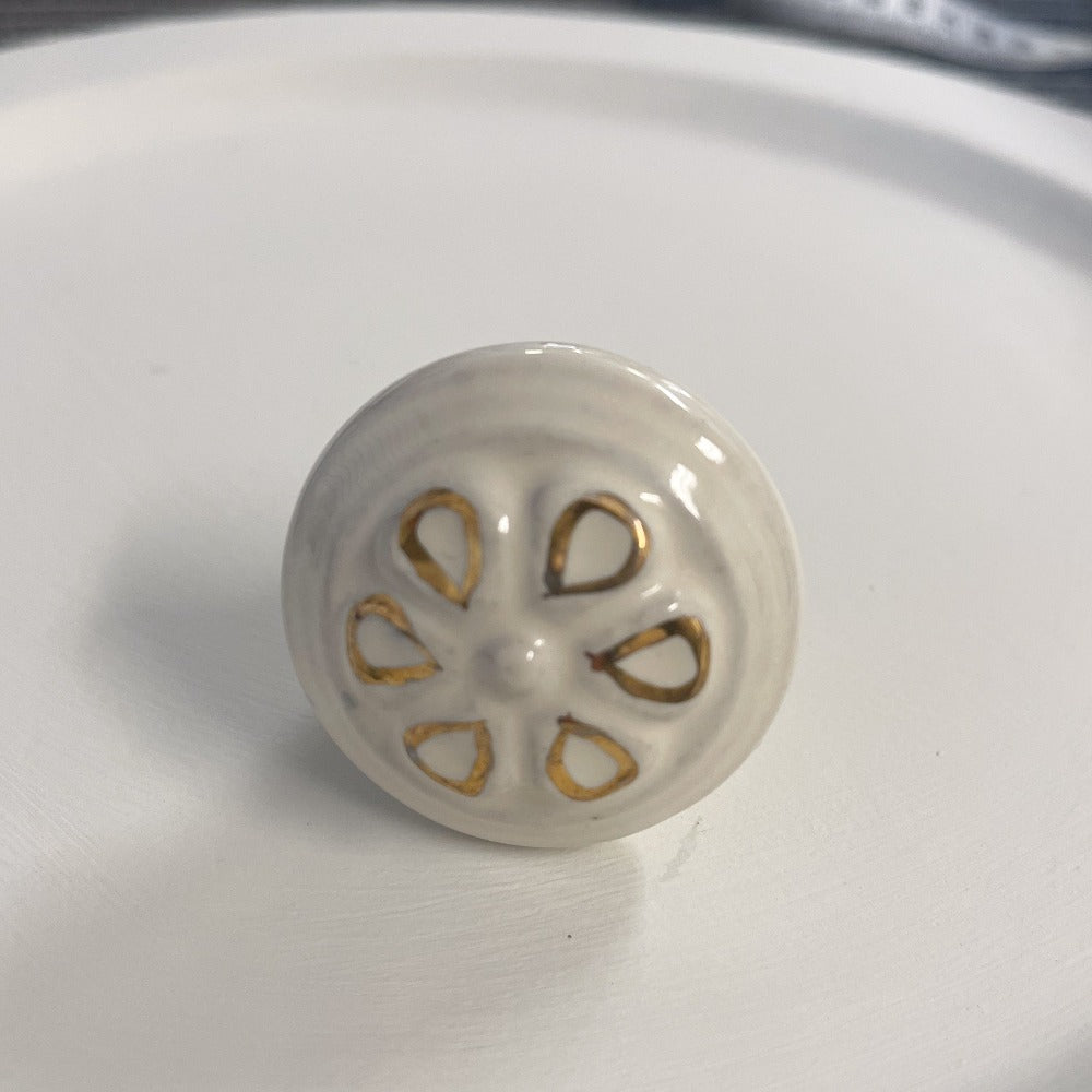 Ivory Ceramic Cabinet Knob with Gold Details