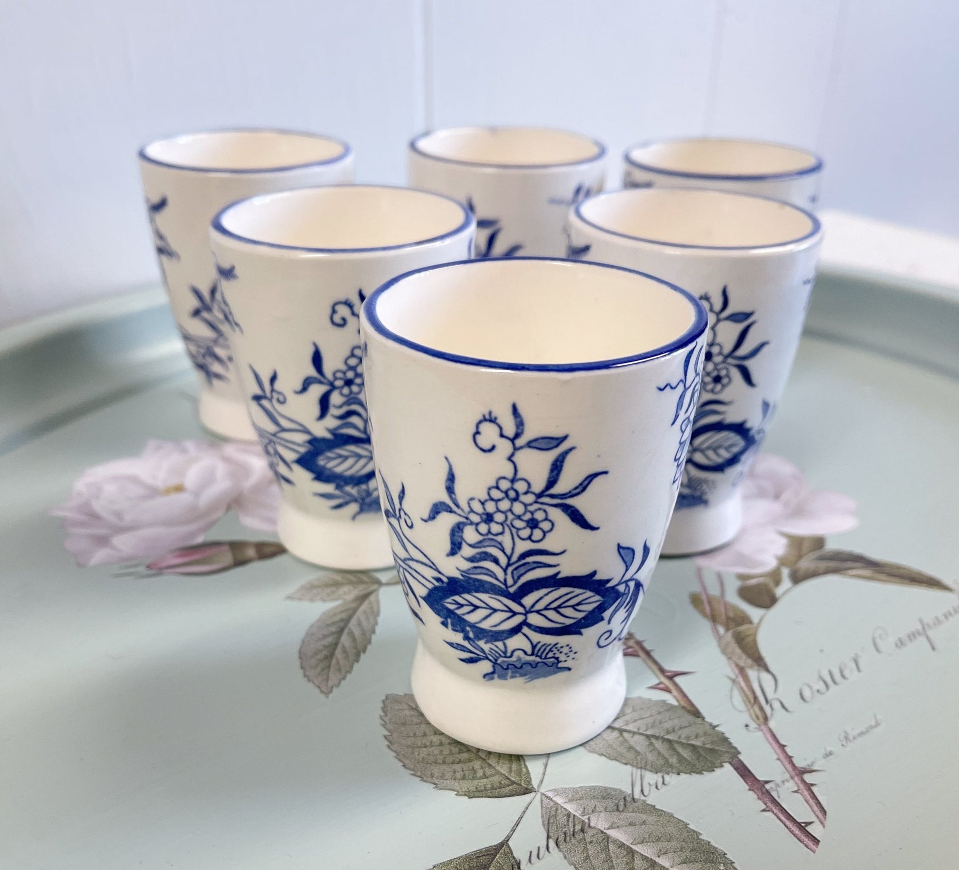 Blue Floral Hand Painted Tea Cups Japan - Set of 6-Unknown-Tea Cups-Stockton Farm
