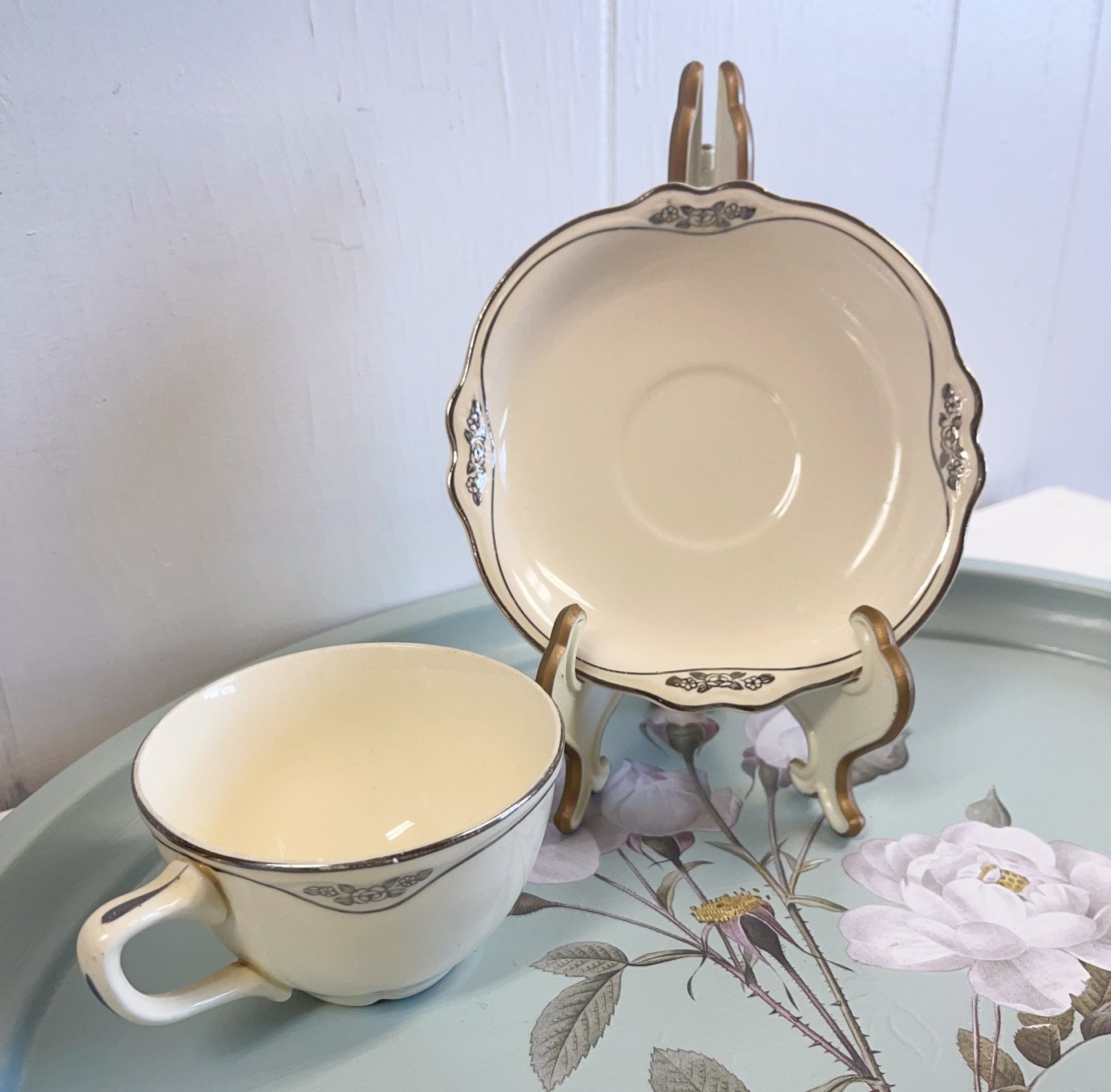 Silver Rose Patrician Flat Cup & Saucer Set by Homer Laughlin-Homer Laughlin-Tea Cup and Saucer-Stockton Farm