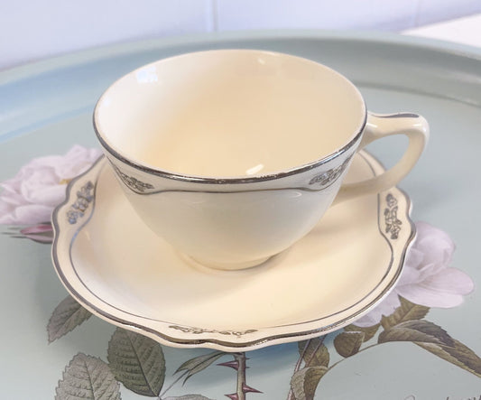 Silver Rose Patrician Flat Cup & Saucer Set by Homer Laughlin-Homer Laughlin-Tea Cup and Saucer-Stockton Farm