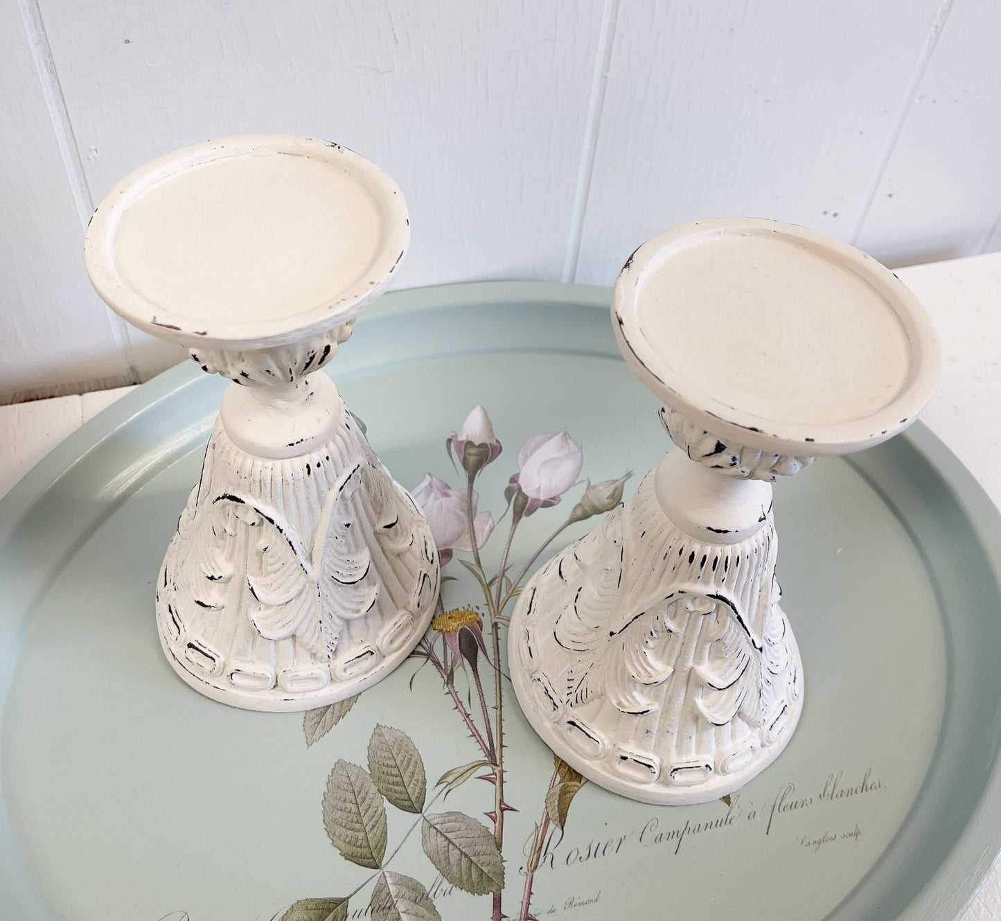 White Distressed Candle Holder Pair-Unknown-Candle Holder-Stockton Farm